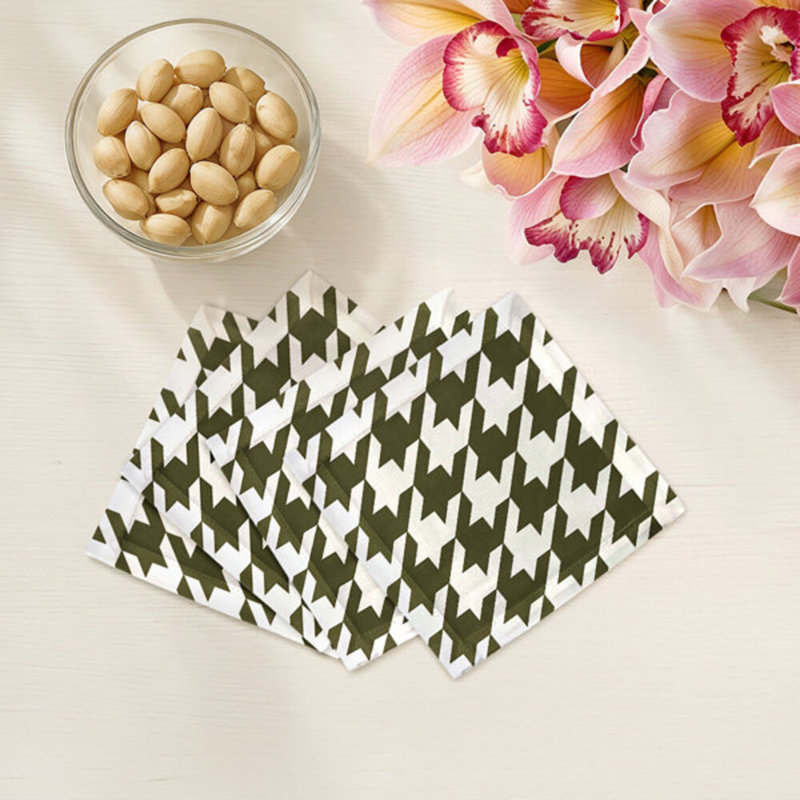 Houndstooth Cotton Sateen Cocktail Napkins, Green/White