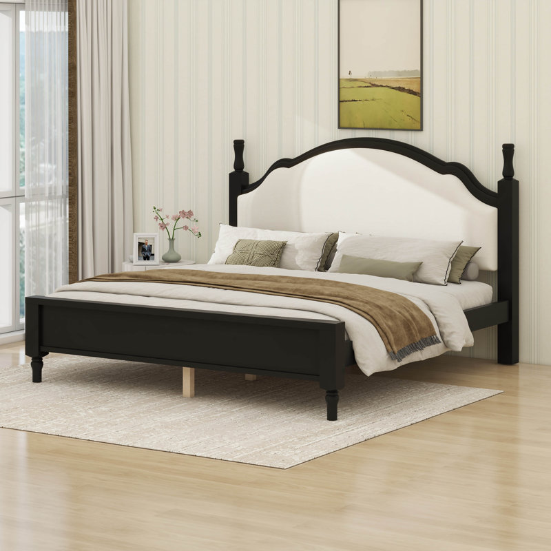 Lit plateforme en bois avec tête de lit tapissier, structure en bois de pin robuste, Beige/noir, Très grand lit