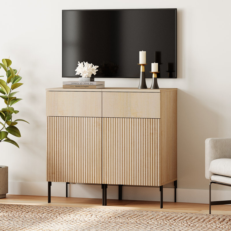 Union Rustic 31.5" Modern Reeded TV Stand With Doors, Entertainment Center With Shelf, Wooden TV Console With Drawers For Living Room