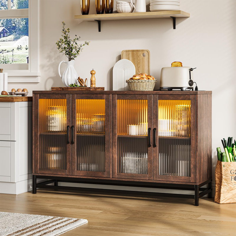 Sideboard Buffet Cabinet With Storage & Led Lights, 55" Large Wood Cabinet With 4 Fluted Glass Doors, Dark Brown