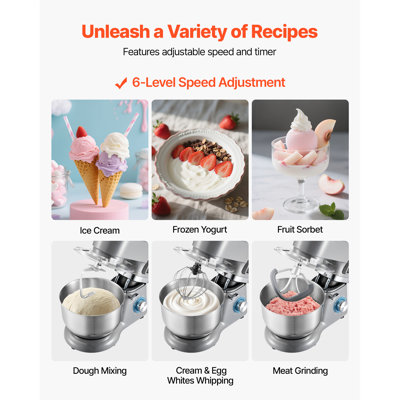 Ice Cream Maker, 1.8 Qt. Capacity, 6-Speed Electric Stand Mixer, Mixing Paddle, Dough Hook, Splash Guard, Grey, Featuring LED Digital Display & Timer
