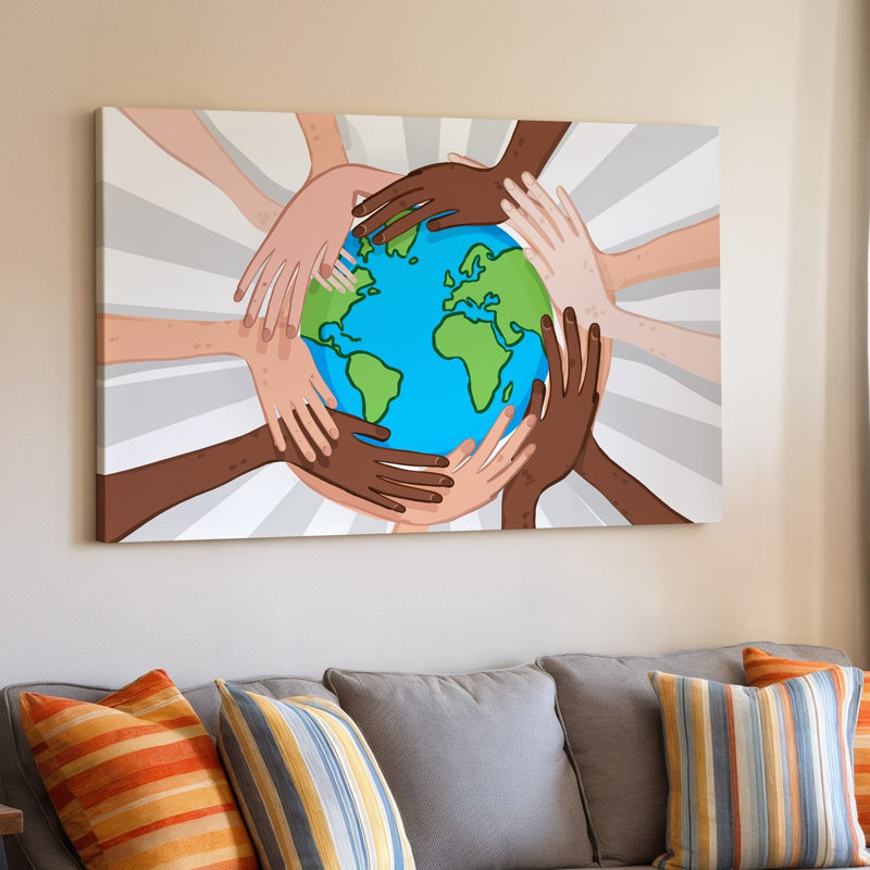 Toile, "Vibrant Illustration" mettant en vedette des mains variées de tons de peau variés s'emboîtant autour d'un globe stylisé sur toile