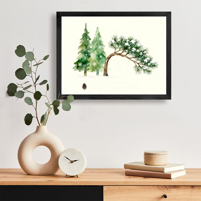 Aquarelle encadrée noire, pin de Noël rétro, aquarelle murale, H 25 po x l 37 po