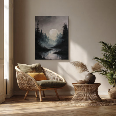 «Dark Pine Forest Creek Full Moon Reflection Night», art mural sur toile tendue - décoration de salon, de chambre à coucher ou de bureau
