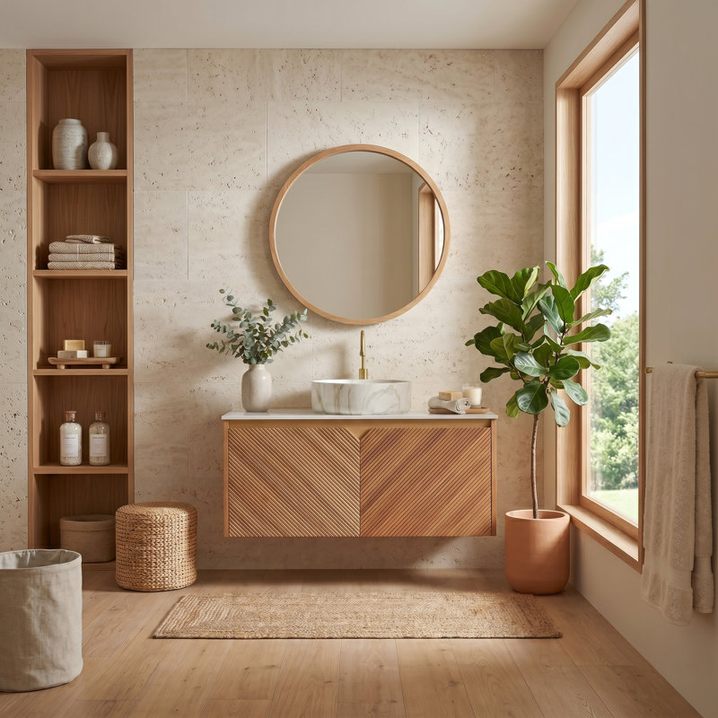 36" Modern Floating Bathroom Vanity with Twill Textured Wood Veneer Doors, Carrara White Sintered Stone Top & Ceramic Vessel Sink Options