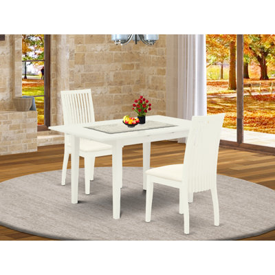3 Piece Kitchen Table & Chairs Set Contains a Rectangle Dining Table with Butterfly Leaf and 2 Linen Fabric Dining Room Chairs, Linen White