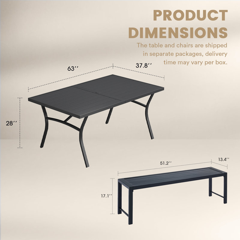 Ensemble repas d'extérieur 6 personnes avec banc, Noir, noir, noir, noir