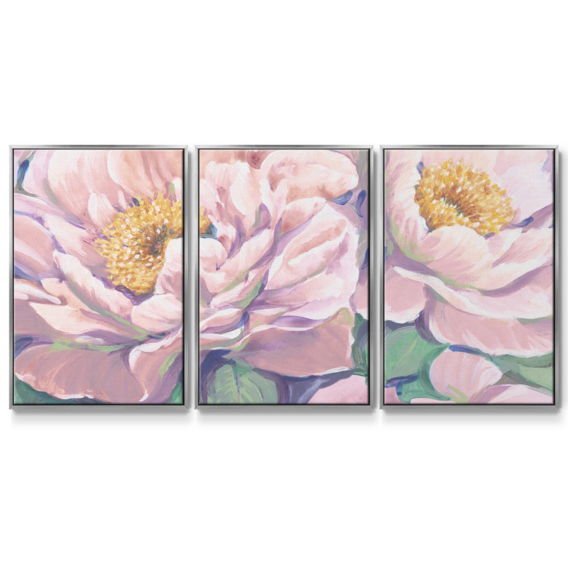 Pivoines en fleurs II, reproduction sur toile 3 pièces, Argent, H 40 po x l 78 po x P 2 po
