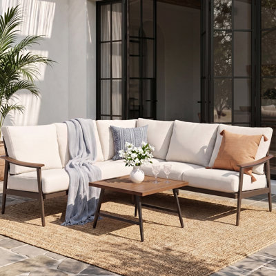 L-Shaped Wicker Sectional Set – 6" Olefin Cushions, Wood-Grain Arms & Tabletop, High Back