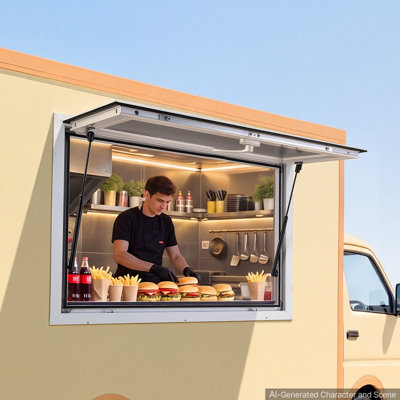 Fenêtre de service de 91 x 61 cm (36 x 24 po) avec cadre en alliage d'aluminium, pour camion-restaurant, ouverture jusqu'à 85 degrés, avec porte à auvent et crochet de traction, résistante à la pluie, pour remorque de restauration.
