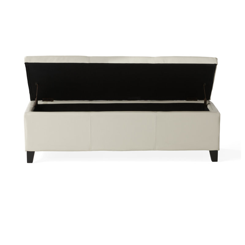 Rectangular Faux Leather Storage Ottoman with Solid Wood Legs in Ivory