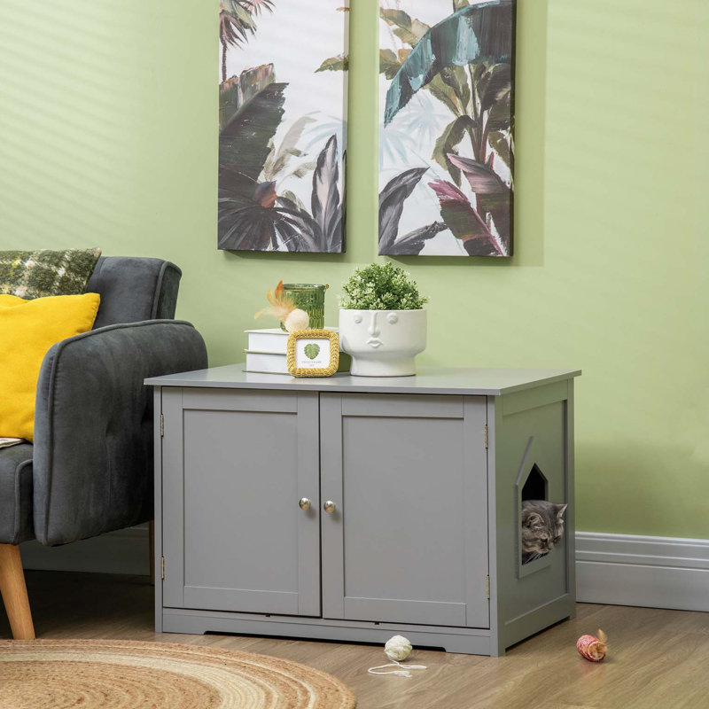 Enceinte de litière moderne pour chat avec cloison réglable pour espace personnalisable, table de bout pour salle de bain pour chats avec espace de rangement caché, gris foncé
