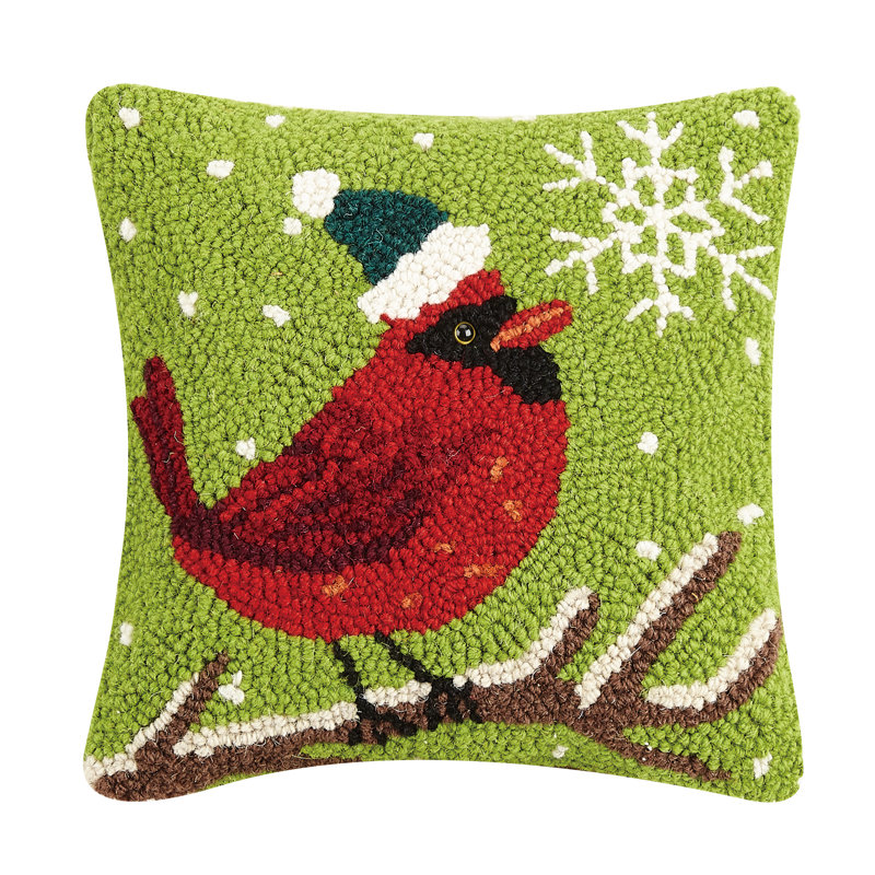 Cardinal with Snowflake Wool Hook Pillow, Cardinal