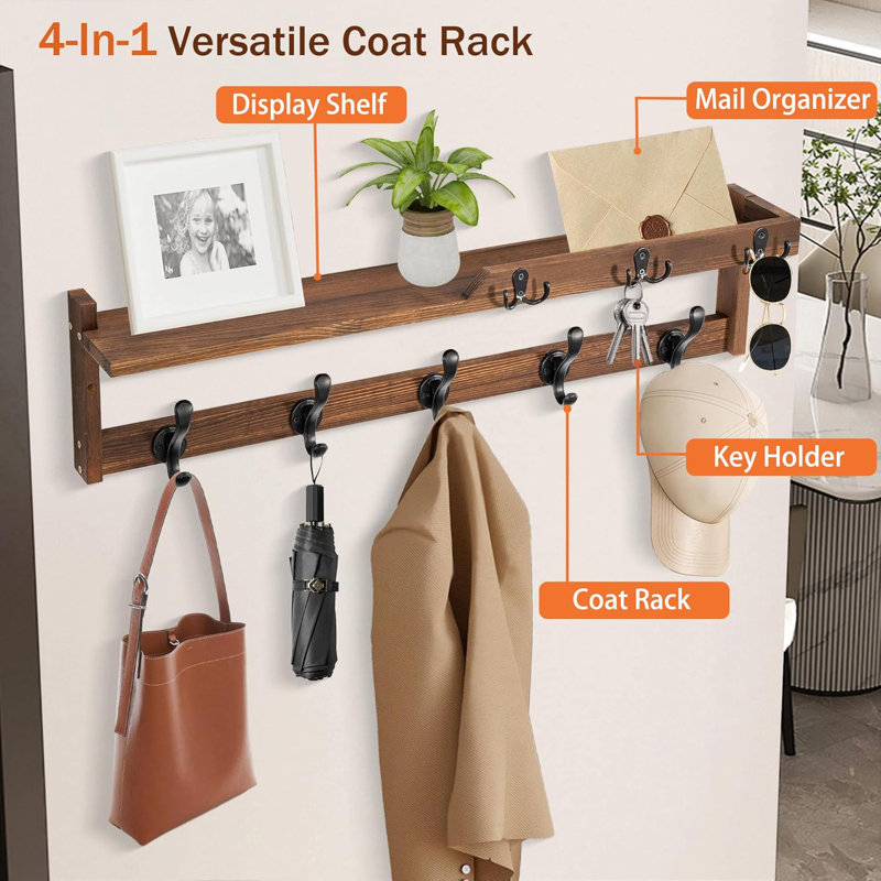 Wall Mounted Coat Rack With Shelf, Key Hooks And Mail Holder - Multi-Functional Entryway Organizer, Floating Shelf With Storage For Hats, Coats And Keys - Durable Solid Wood Construction