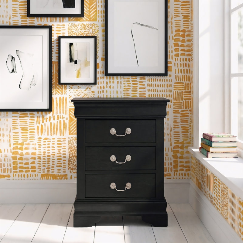 Sayre Black 3 Drawers Nightstand, Black