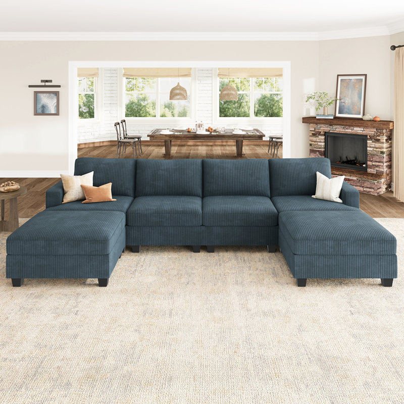 Canapé modulaire en U avec rangement Anureet, Velours côtelé bleu, H 35 po x l 120,6 po x P 60,7 po, Non