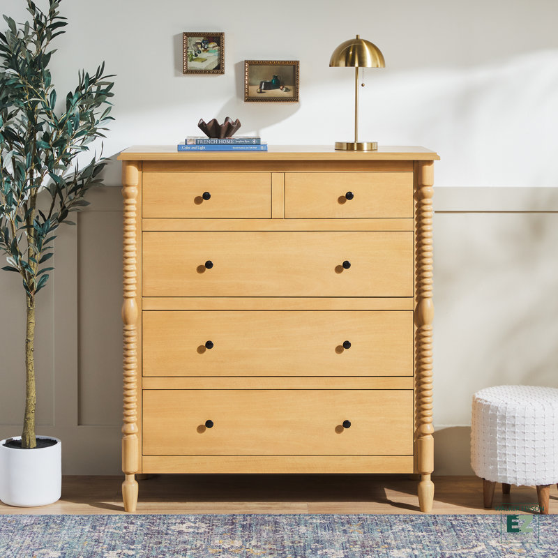 Vivienne Easy Assembly Solid Wood Spindle 5-Drawer Dresser, Natural