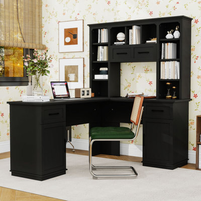 Bureau d'ordinateur en L 2 en 1 avec station de charge intégrée, armoire de rangement et tablettes ouvertes