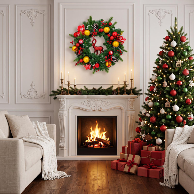 Couronne de Noël pré-éclairée 24 "avec décorations de rennes et de boules de Noël, 20 lumières DEL pour porte d'entrée et manteau de cheminée