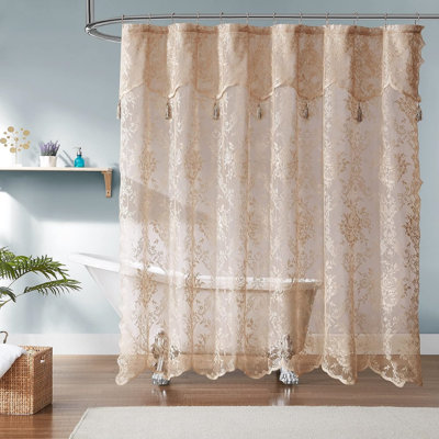 Cherrilyn Floral 96 Inches Long Linen Lace Shower Curtain with Attached Valance and Tassels