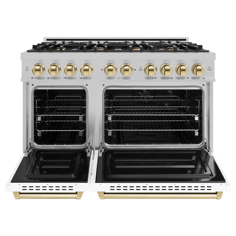 ZLINE Autograph 48" Classic Double Oven Dual Fuel Range w/ Champagne Bronze Accents, Black Matte/Satin Stainless Steel, Gold