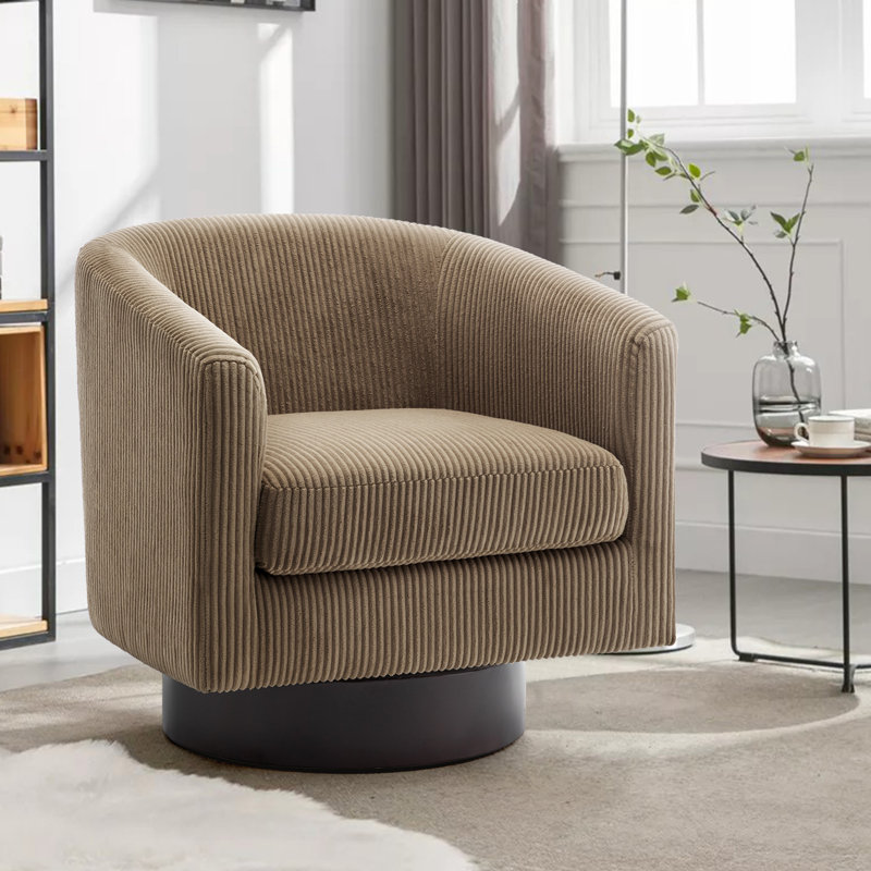 Fauteuil demi-tonneau pivotant en velours côtelé avec base en bois massif Applewold, Velours côtelé chameau