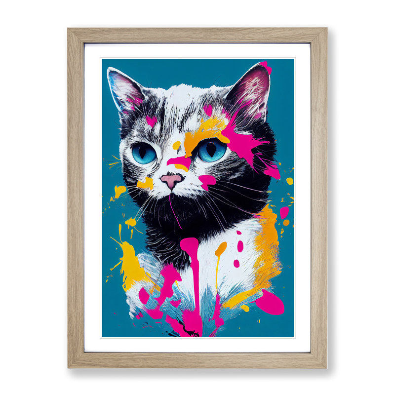 Paint Splat Cat No.3 - Framed Print, 34cm H x 25cm W x 2cm D, Oak