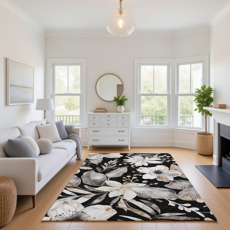 Tapis floral lavable à la machine de qualité supérieure Mayfield AMF2260, Noir, 3 pi x 5 pi