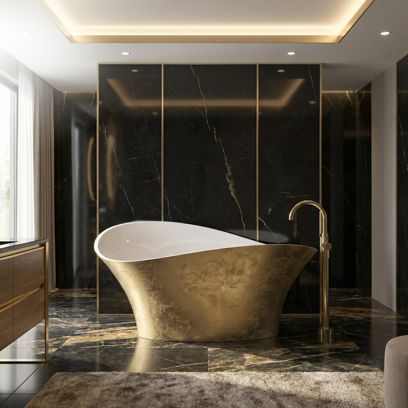 Vivian 68.9'' L Freestanding Soaking Bathtub, Gold Leaf