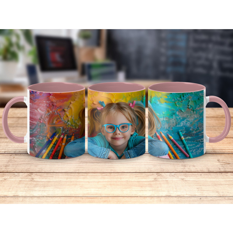 Kids Drawing Style 11oz Accent Mugs – Ceramic Coffee Cup with a Pink Handle and Interior