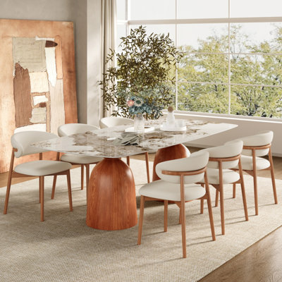 86.6/93.7 Farmhouse Double-Pedestal Dining Set With Rounded Rectangular Table & Upholstered Chairs