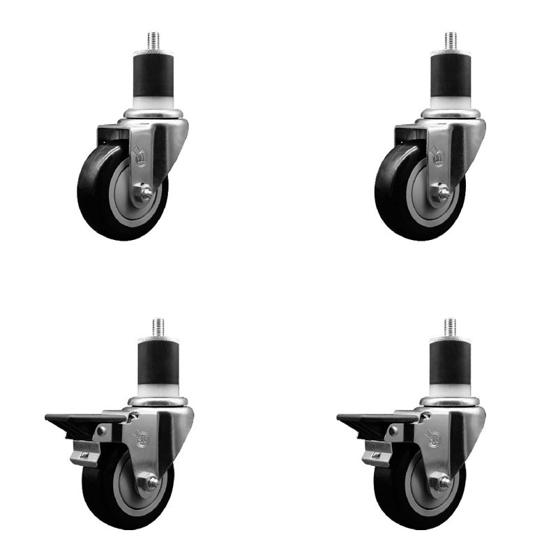 Ensemble de roulettes extensibles pivotantes en poly sur roulettes 2 freins SCC PLB 3,5 po x 1-7 / 8 po, Noir