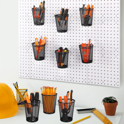 6 Sets Pegboard Cups With Ring Hook Pegboard Bin Holder Organizer Multipurpose Pen Cup Metal Pencil Holder For Desk Office Garage(Black,Regular)