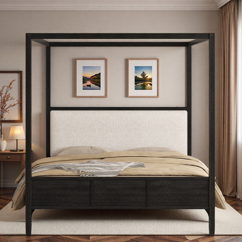 Lit plateforme à baldaquin en bois avec tête de lit tapissier, King, Black