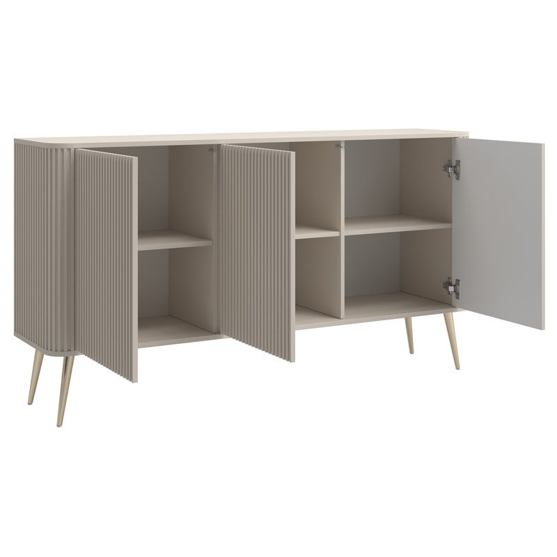 Three-Door Fluted Chest of Drawers Beige with Gold Legs