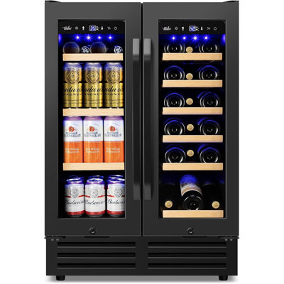 Wine And Beverage Refrigerator Black, 24 Inch Beverage Cooler Under Counter Dual Zone With Glass Door&lock, 18 Bottles And 68 Cans Large Capacity For Beer Soda Drink, Built-in Or Freestanding Fridge