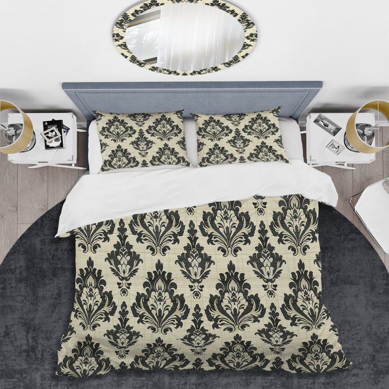 Ensemble de housse de couette Ivory Cream Damask Harmony II - Transitional, Housse de couette simple et deux taies décorative