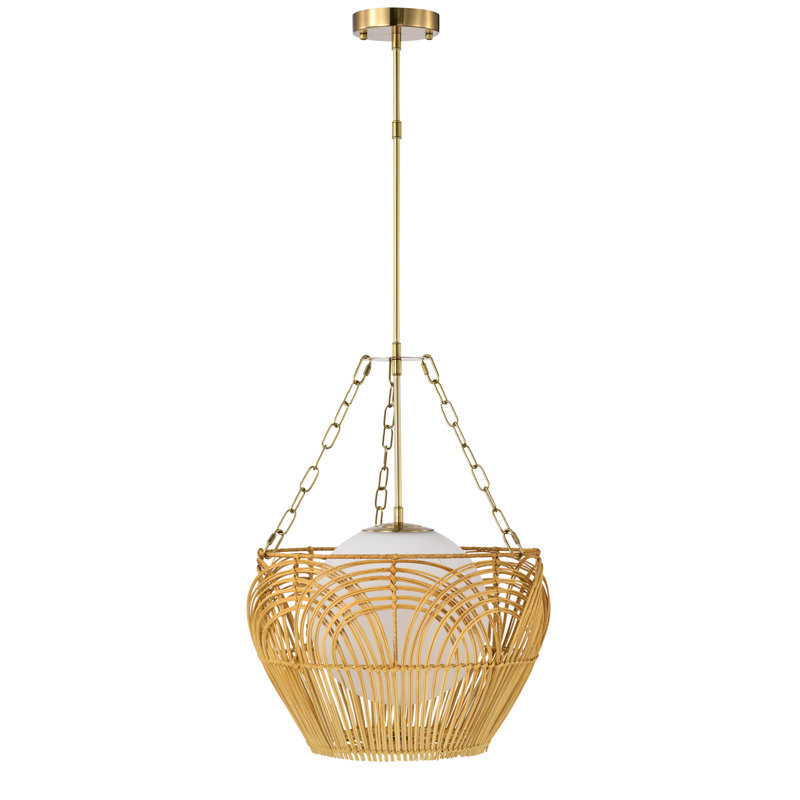 15" Brass and Woven Rattan Globe Pendant Light with Frosted Glass Shade