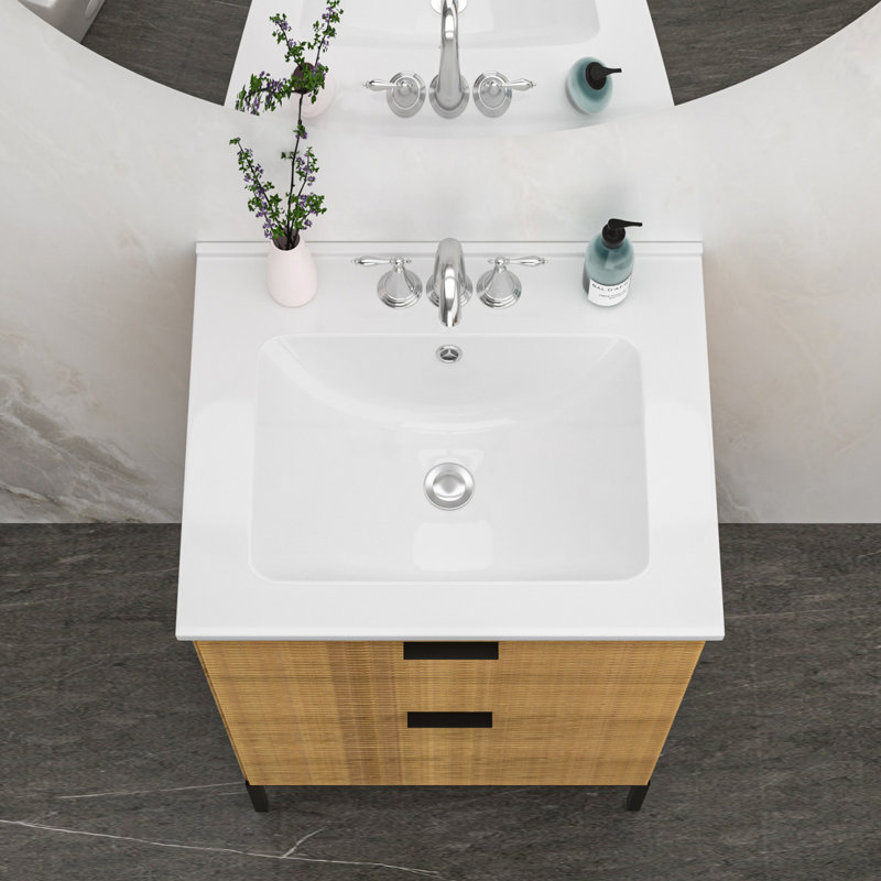 Plateau de meuble-lavabo simple blanc 24 po x 19,7 po avec 3 trous de robinet et trop-plein (lavabo seulement)