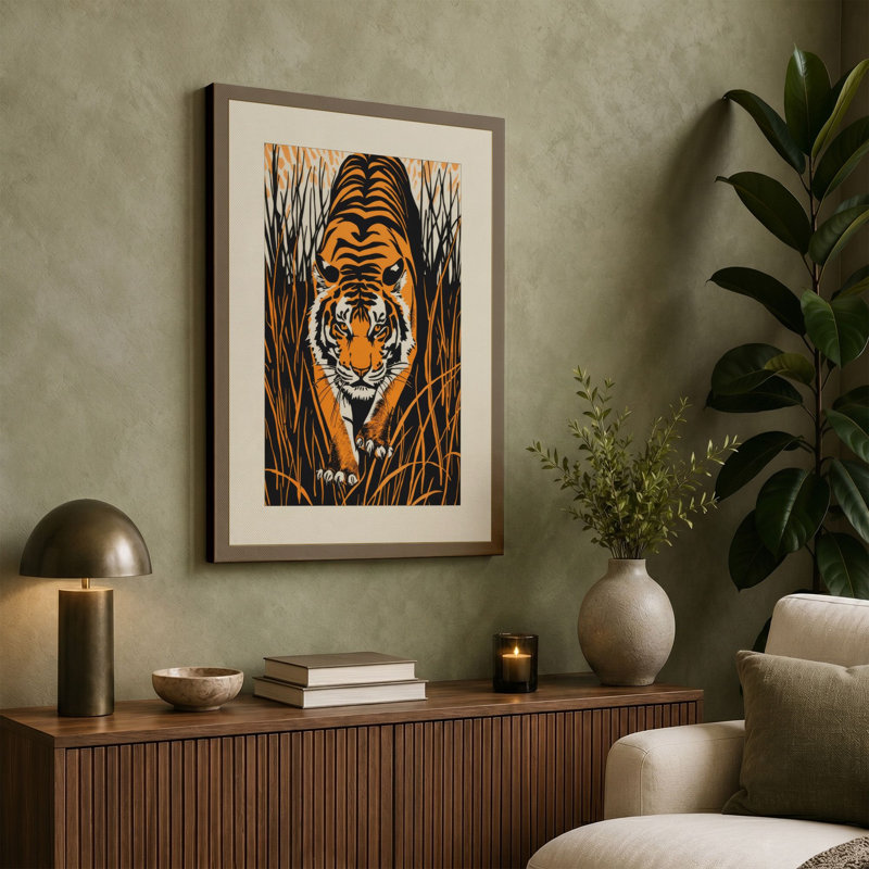 Tiger in Tall Grass Rustic - Wrapped Canvas, 24x16 - 61.0 x 40.6 cm, Ochre Border