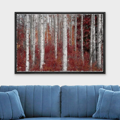 Aspen Birch " White Birch Trees With Autumn Red Leaves Nature Forest Wilderness Realism Rustic Decor "
