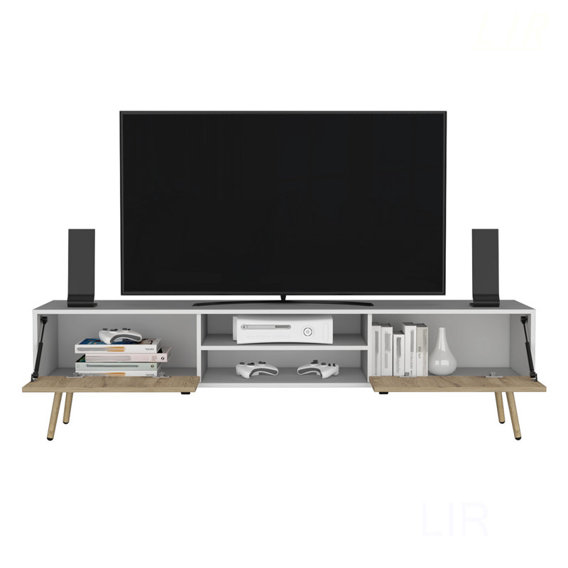 Meuble télé Malvin Toka avec 2 portes à charnières et tablettes centrales, Macadamia