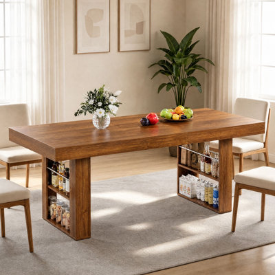 62.9”-78.7” Farmhouse Extendable Dining Table with Storage Shelves and Metal Lock, Coffee Bar Table for Dining Room, Kitchen, Living Room