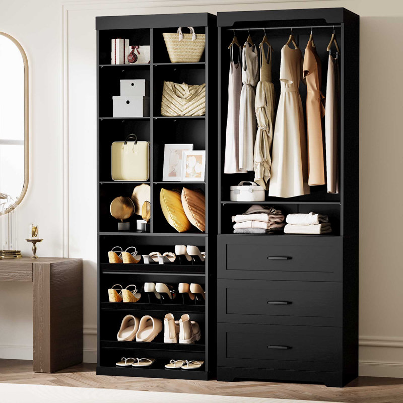 Système de placard autoportant avec 3 tiroirs, garde-robe avec tablettes réglables et tringle, noir, Noir