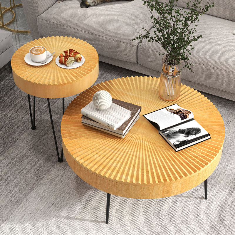 Round Pine Wood Coffee Tables with Black Metal Legs, Set of 2