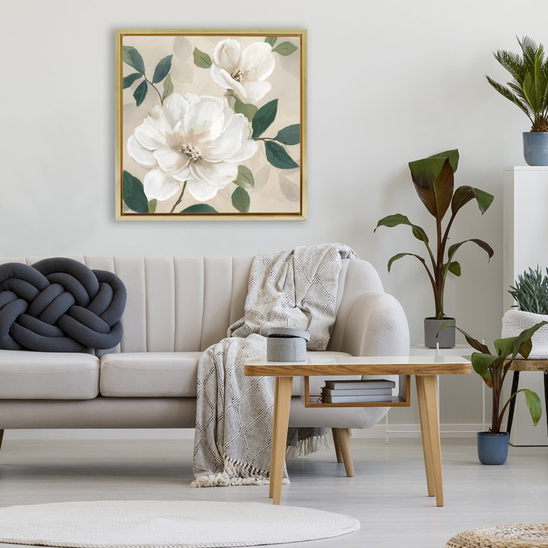 Cadre flottant Serene White Magnolia Study, design par Nan, H 25 po x l 25 po, Cadre flottant métallique doré