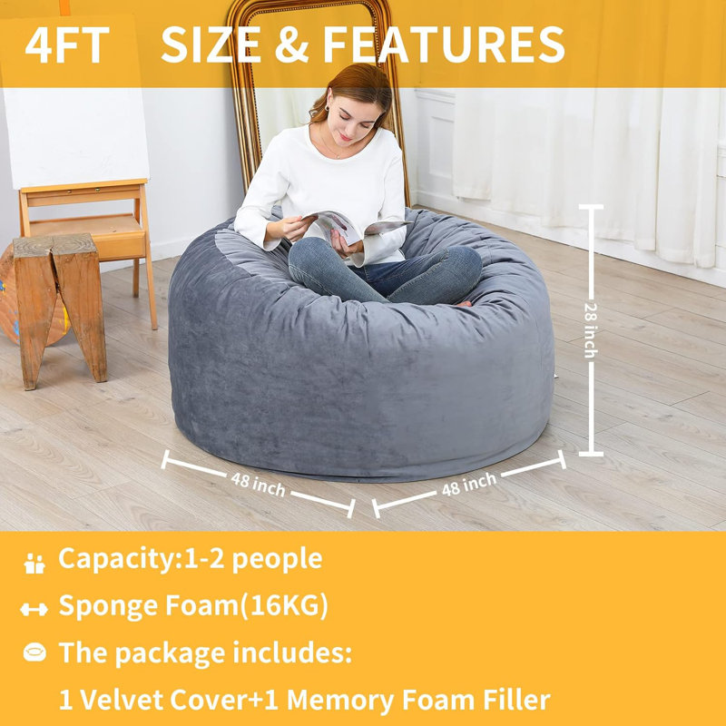Bean Bag Chair 48 Inch Giant Memories Foams Beanbag with Removable Washable Velvet Cover, Cozy Sofa Chair for Adults Kids Living Room