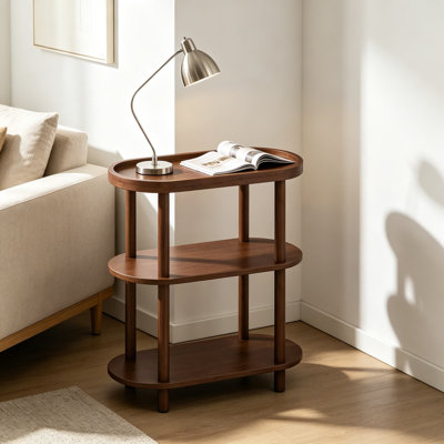 Narrow Side Table with Charging Station, 3-Tier Bamboo End Table for Small Spaces, Slim Oval Nightstand for Living Room, Bedroom, Apartment