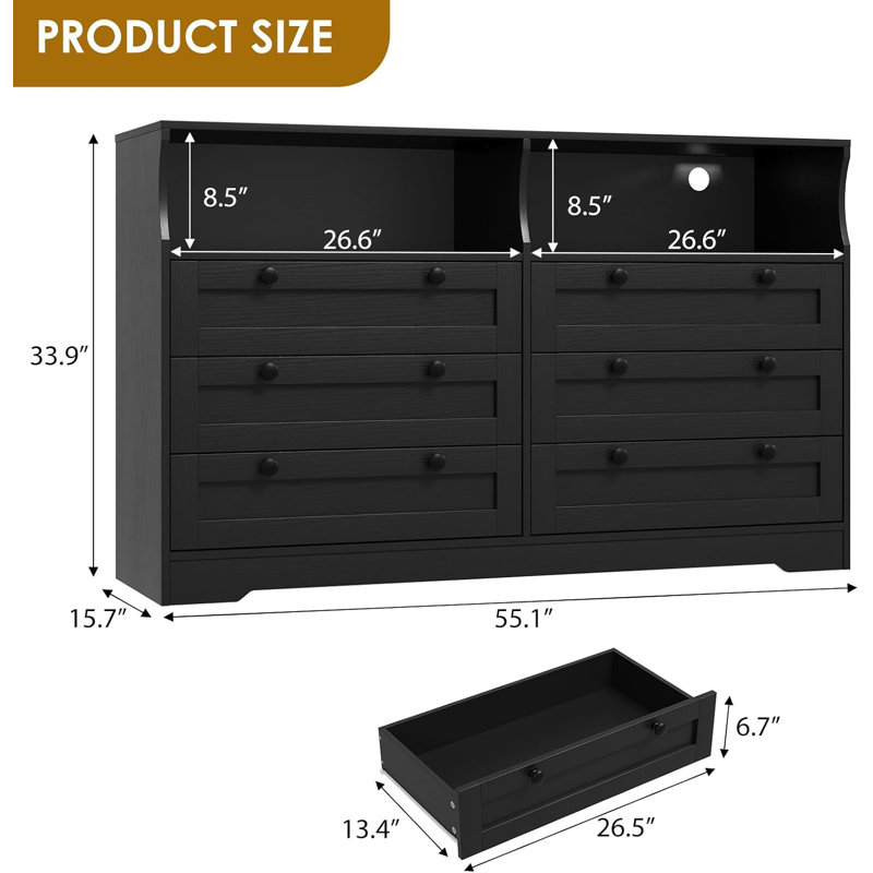 Grande commode 6 tiroirs en bois avec prise de courant et lumière DEL, Noir, noir, noir, noir