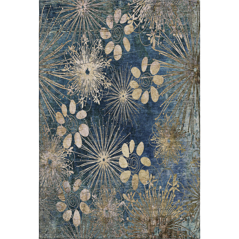 Premium Machine Washable Mayfield AMF2225 Floral Rug, Navy, 9' x 12'